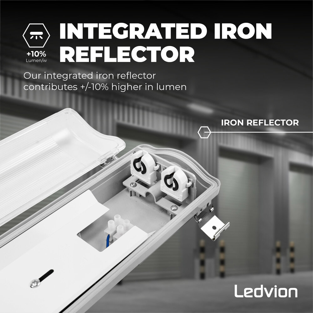 Ledvion LED TL Armatuur 150CM - 2x 28W - 10360 Lumen - 4000K - High Efficiency - Energie Label B - IP65 - Incl. LED TL Ledvion LED TL Armatuur 150CM - 2x 28W - 10360 Lumen - 4000K - High Efficiency - Energie Label B - IP65 - Incl. LED TL