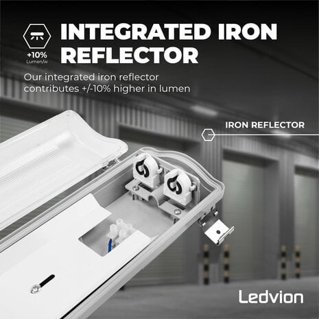 Ledvion LED TL Armatuur 150CM - 2x 28W - 10360 Lumen - 4000K - High Efficiency - Energie Label B - IP65 - Incl. LED TL Ledvion LED TL Armatuur 150CM - 2x 28W - 10360 Lumen - 4000K - High Efficiency - Energie Label B - IP65 - Incl. LED TL