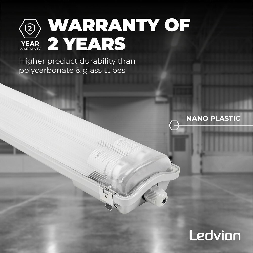 Ledvion LED TL Armatuur 150CM - 2x 28W - 10360 Lumen - 4000K - High Efficiency - Energie Label B - IP65 - Incl. LED TL Ledvion LED TL Armatuur 150CM - 2x 28W - 10360 Lumen - 4000K - High Efficiency - Energie Label B - IP65 - Incl. LED TL