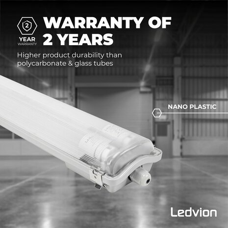 Ledvion LED TL Armatuur 150CM - 2x 28W - 10360 Lumen - 4000K - High Efficiency - Energie Label B - IP65 - Incl. LED TL Ledvion LED TL Armatuur 150CM - 2x 28W - 10360 Lumen - 4000K - High Efficiency - Energie Label B - IP65 - Incl. LED TL