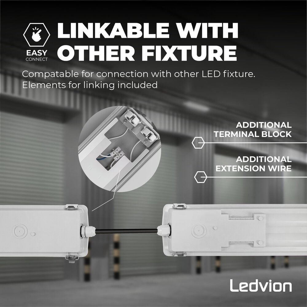 Ledvion LED TL Armatuur 120CM - 2x 18W - 6660 Lumen - 6500K - High Efficiency - Energie Label B - IP65 - Incl. LED TL Ledvion LED TL Armatuur 120CM - 2x 18W - 6660 Lumen - 6500K - High Efficiency - Energie Label B - IP65 - Incl. LED TL