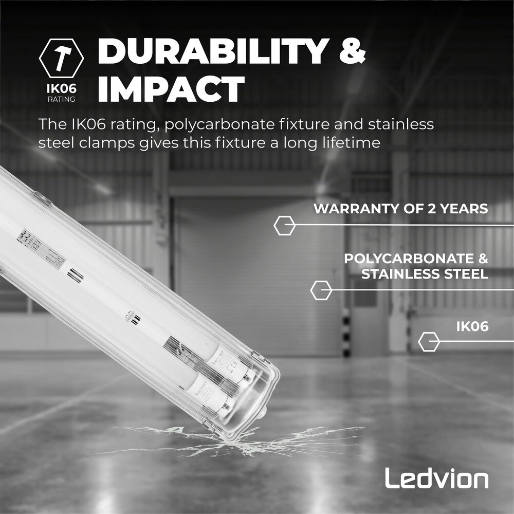 Ledvion LED TL Armatuur 120CM - 2x 18W - 6660 Lumen - 6500K - High Efficiency - Energie Label B - IP65 - Incl. LED TL Ledvion LED TL Armatuur 120CM - 2x 18W - 6660 Lumen - 6500K - High Efficiency - Energie Label B - IP65 - Incl. LED TL
