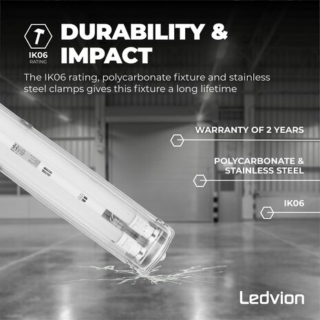Ledvion LED TL Armatuur 120CM - 2x 18W - 6660 Lumen - 6500K - High Efficiency - Energie Label B - IP65 - Incl. LED TL Ledvion LED TL Armatuur 120CM - 2x 18W - 6660 Lumen - 6500K - High Efficiency - Energie Label B - IP65 - Incl. LED TL