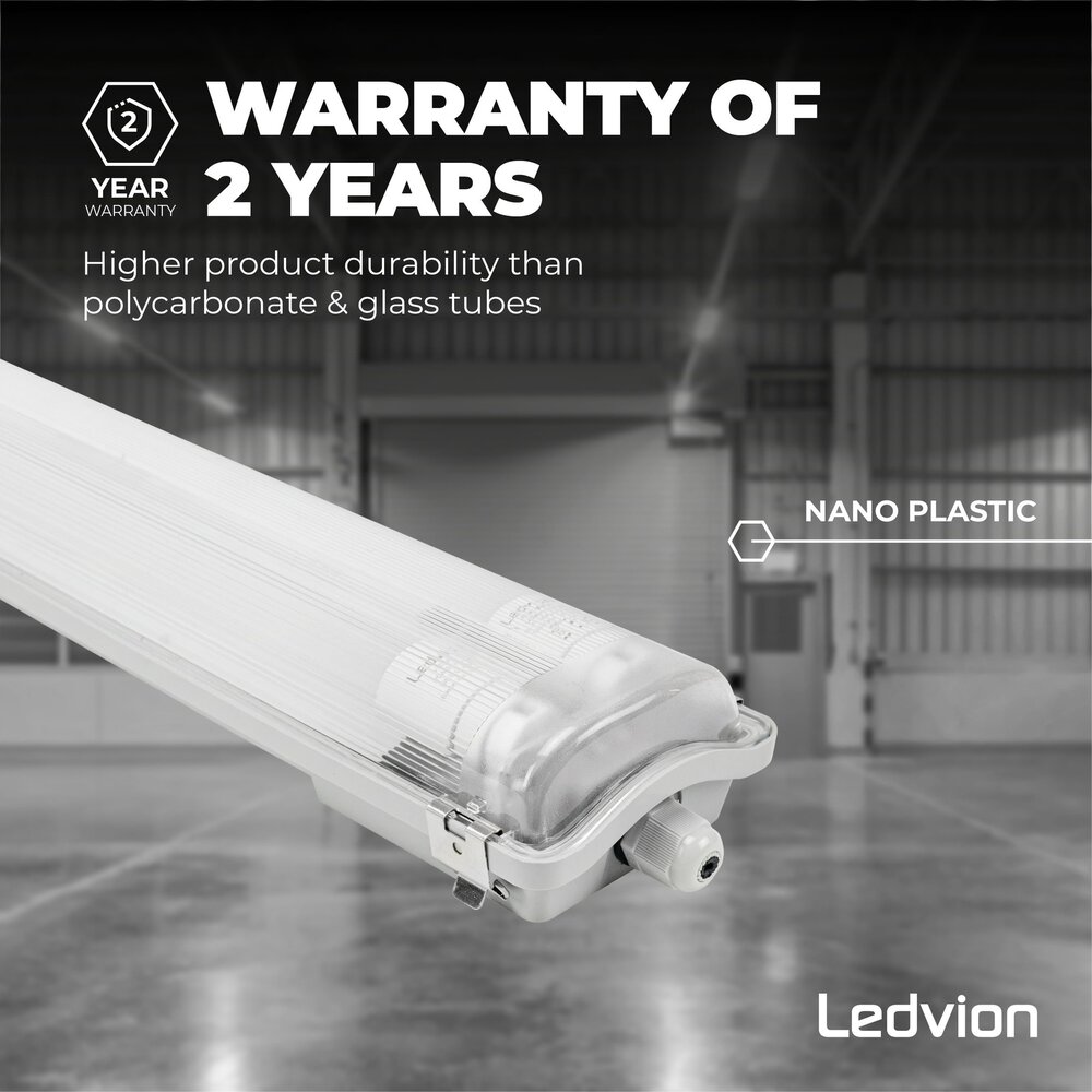 Ledvion LED TL Armatuur 120CM - 2x 18W - 6660 Lumen - 6500K - High Efficiency - Energie Label B - IP65 - Incl. LED TL Ledvion LED TL Armatuur 120CM - 2x 18W - 6660 Lumen - 6500K - High Efficiency - Energie Label B - IP65 - Incl. LED TL