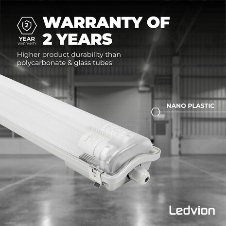 Ledvion LED TL Armatuur 120CM - 2x 18W - 6660 Lumen - 6500K - High Efficiency - Energie Label B - IP65 - Incl. LED TL Ledvion LED TL Armatuur 120CM - 2x 18W - 6660 Lumen - 6500K - High Efficiency - Energie Label B - IP65 - Incl. LED TL