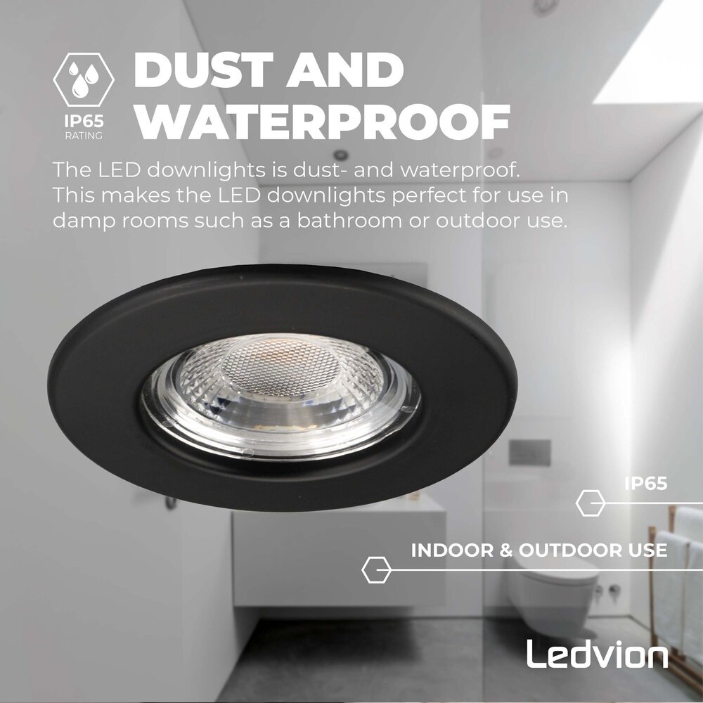 Ledvion Dimbare LED Inbouwspot Zwart - IP65 - 5W - 2700K - 5 Jaar Garantie - Geschikt voor de Badkamer Ledvion Dimbare LED Inbouwspot Zwart - IP65 - 5W - 2700K - 5 Jaar Garantie - Geschikt voor de Badkamer