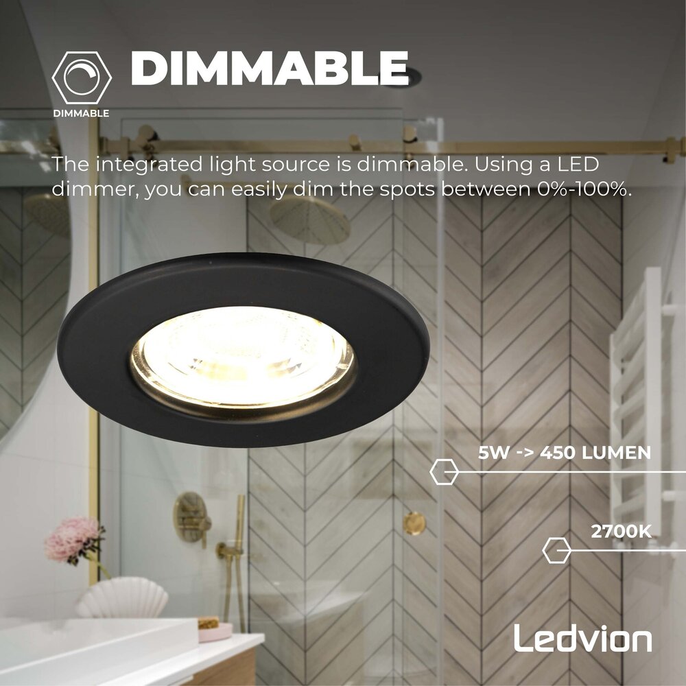 Ledvion Dimbare LED Inbouwspot Zwart - IP65 - 5W - 2700K - 5 Jaar Garantie - Geschikt voor de Badkamer Ledvion Dimbare LED Inbouwspot Zwart - IP65 - 5W - 2700K - 5 Jaar Garantie - Geschikt voor de Badkamer