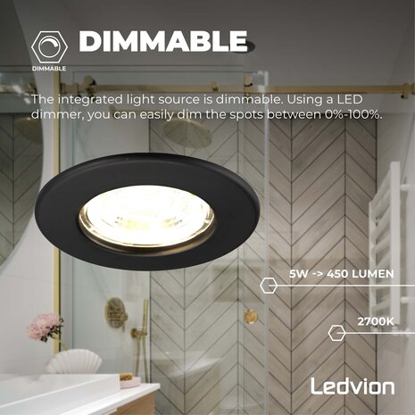 Ledvion Dimbare LED Inbouwspot Zwart - IP65 - 5W - 2700K - 5 Jaar Garantie - Geschikt voor de Badkamer Ledvion Dimbare LED Inbouwspot Zwart - IP65 - 5W - 2700K - 5 Jaar Garantie - Geschikt voor de Badkamer