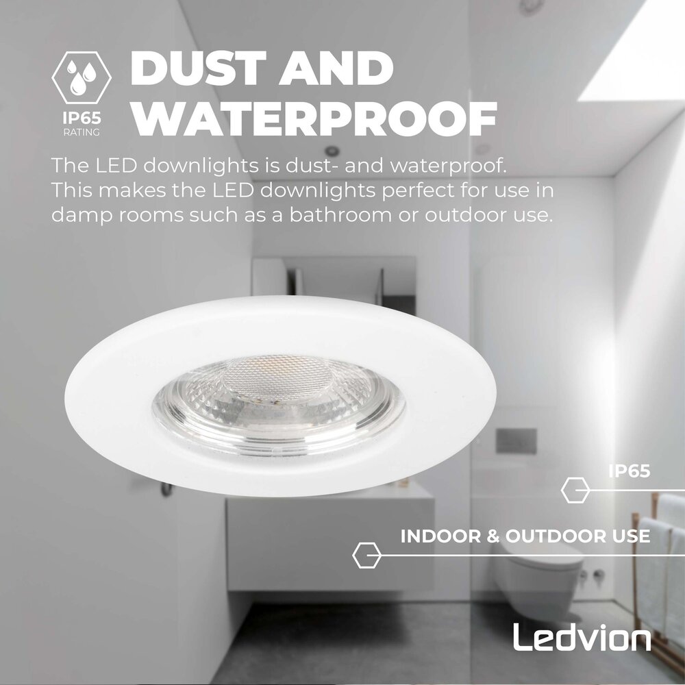 Ledvion Dimbare LED Inbouwspot Wit - IP65 - 5W - 2700K - 5 Jaar Garantie - Geschikt voor de Badkamer Ledvion Dimbare LED Inbouwspot Wit - IP65 - 5W - 2700K - 5 Jaar Garantie - Geschikt voor de Badkamer