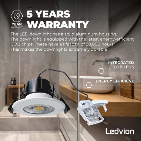 Ledvion Dimbare LED Inbouwspot Wit - IP65 - 5W - 2700K - 5 Jaar Garantie - Geschikt voor de Badkamer Ledvion Dimbare LED Inbouwspot Wit - IP65 - 5W - 2700K - 5 Jaar Garantie - Geschikt voor de Badkamer