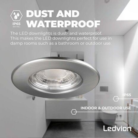 Ledvion Dimbare LED Inbouwspot RVS - IP65 - 5W - 2700K - 5 Jaar Garantie - Geschikt voor de Badkamer Ledvion Dimbare LED Inbouwspot RVS - IP65 - 5W - 2700K - 5 Jaar Garantie - Geschikt voor de Badkamer