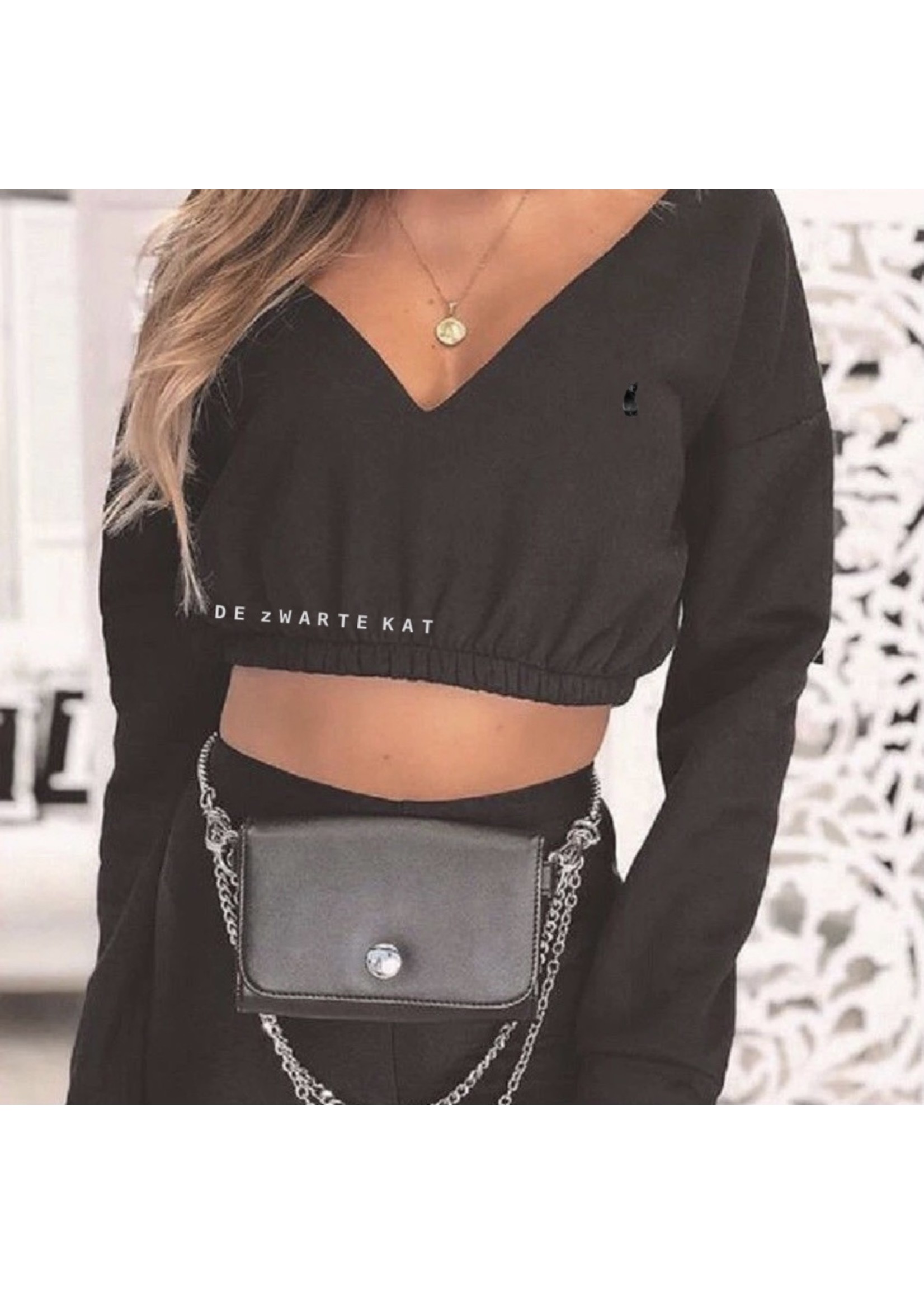 De zwarte kat Dames Kleding Casual Lange Mouwen Deep-V Top Off De Schouder Solid Tops Mode Herfst Sweatshirts