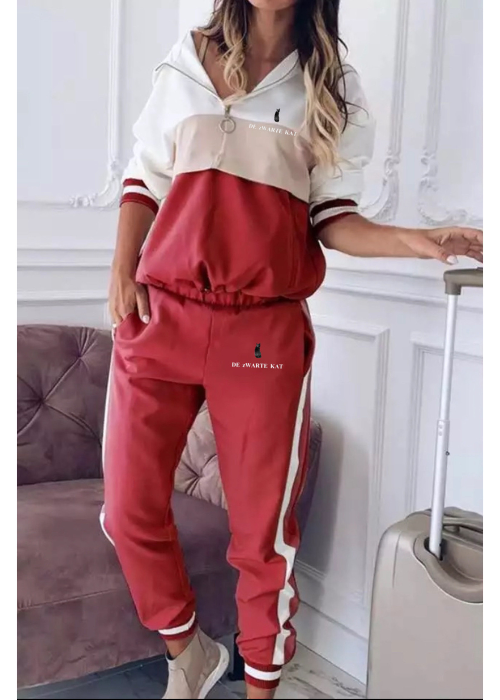 De zwarte kat Hooded Trainingspak Vrouwen 2 Pcs Running Patchwork Joggers Workout Kleding Losse 1/4 Rits Sweatshirts Sportkleding