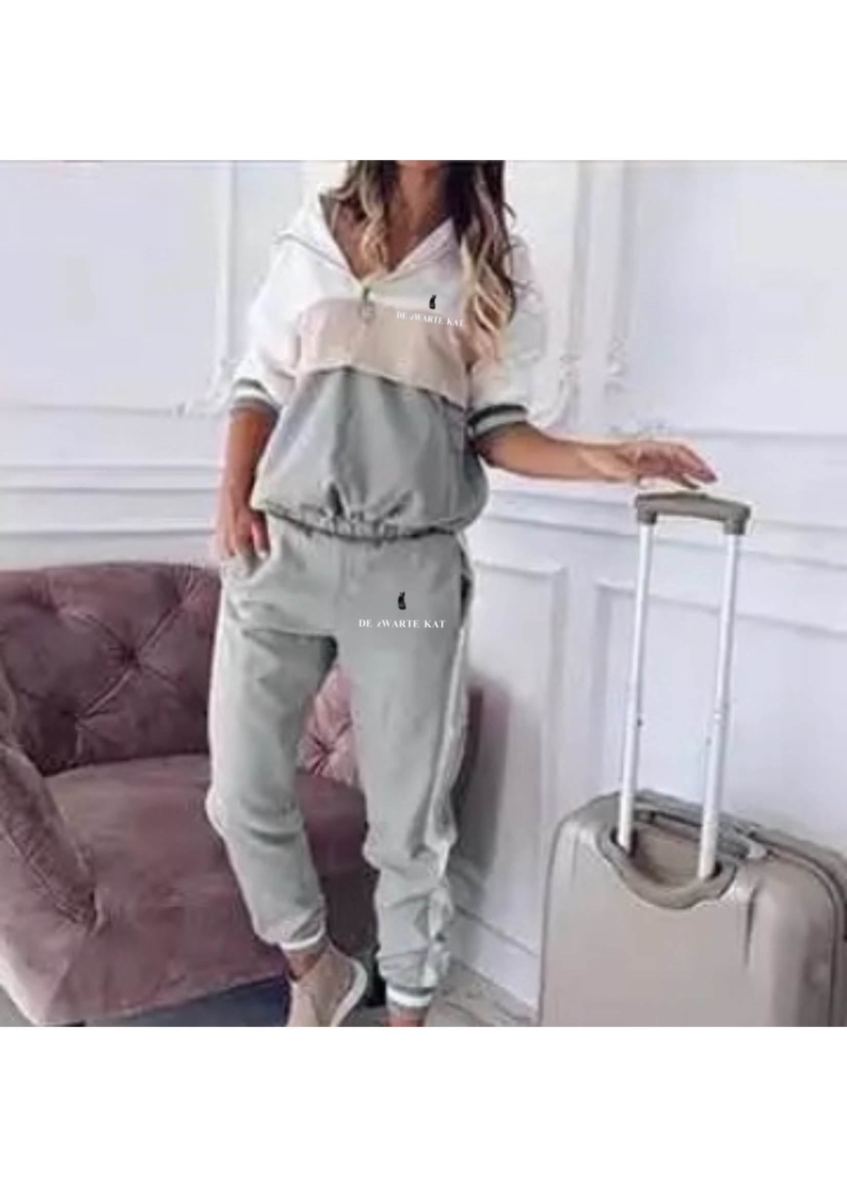 De zwarte kat Hooded Trainingspak Vrouwen 2 Pcs Running Patchwork Joggers Workout Kleding Losse 1/4 Rits Sweatshirts Sportkleding