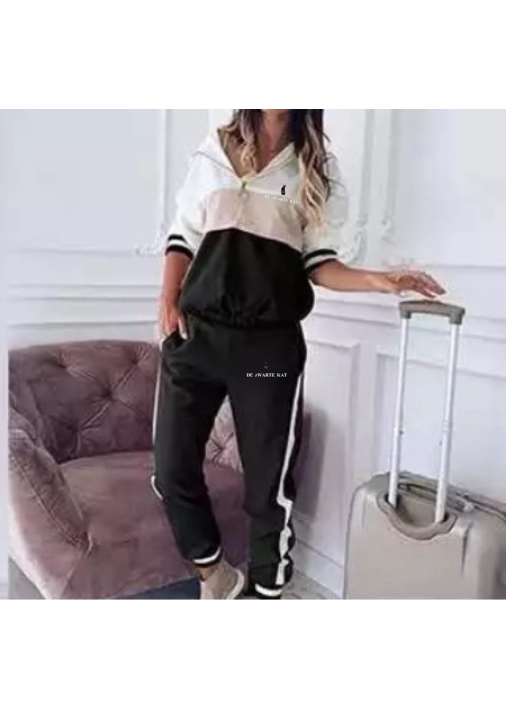 De zwarte kat Hooded Trainingspak Vrouwen 2 Pcs Running Patchwork Joggers Workout Kleding Losse 1/4 Rits Sweatshirts Sportkleding