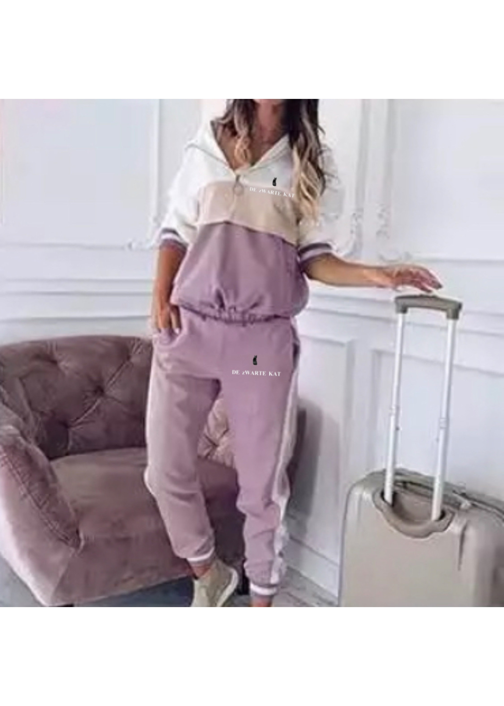 De zwarte kat Hooded Trainingspak Vrouwen 2 Pcs Running Patchwork Joggers Workout Kleding Losse 1/4 Rits Sweatshirts Sportkleding