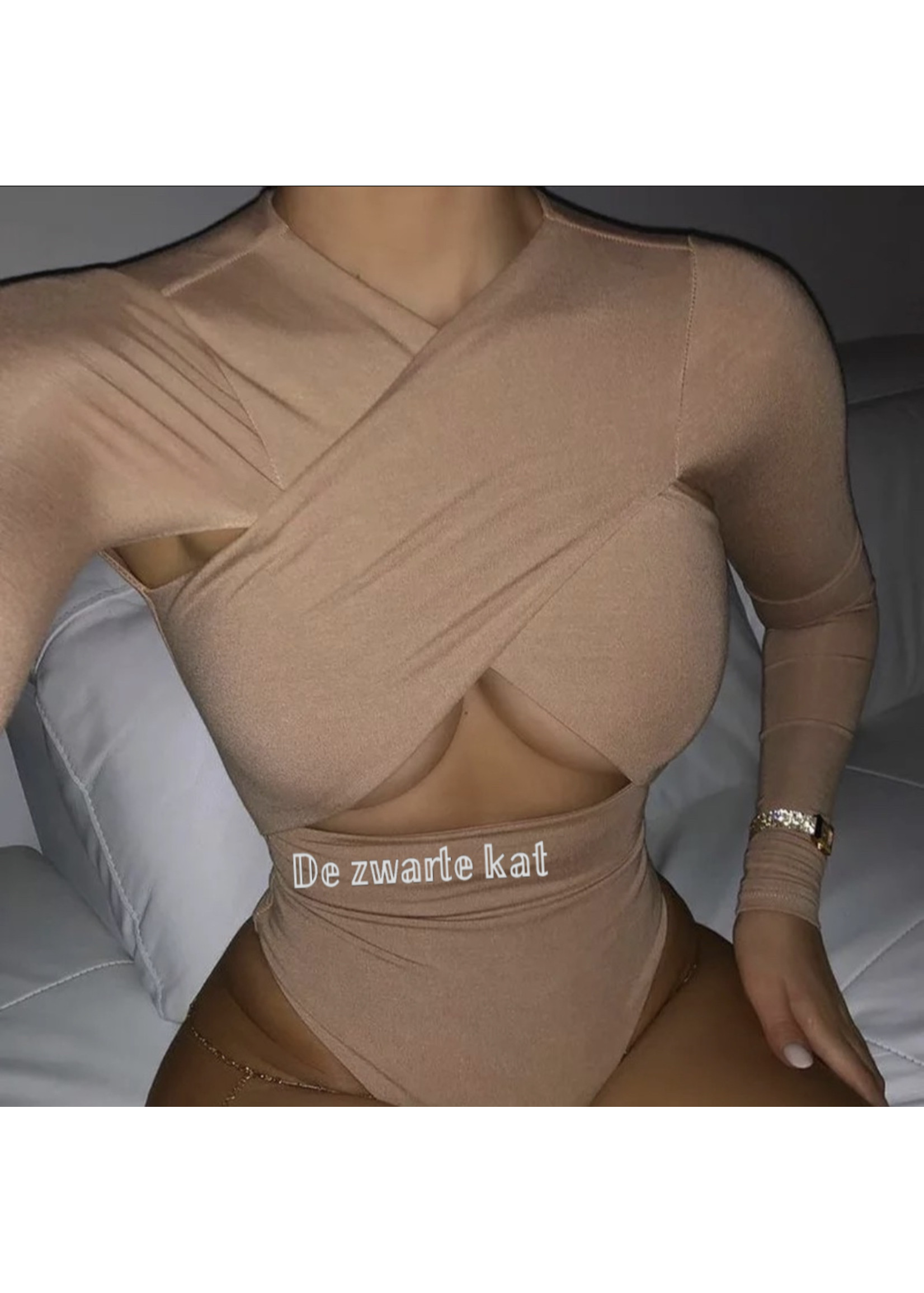 De zwarte kat Stijlvolle Top Kwaliteit Mode Dames Bandage Out Jumpsuit Lange Mouwen Effen Kleur Vrouwen Bodysuit Jumpsuit