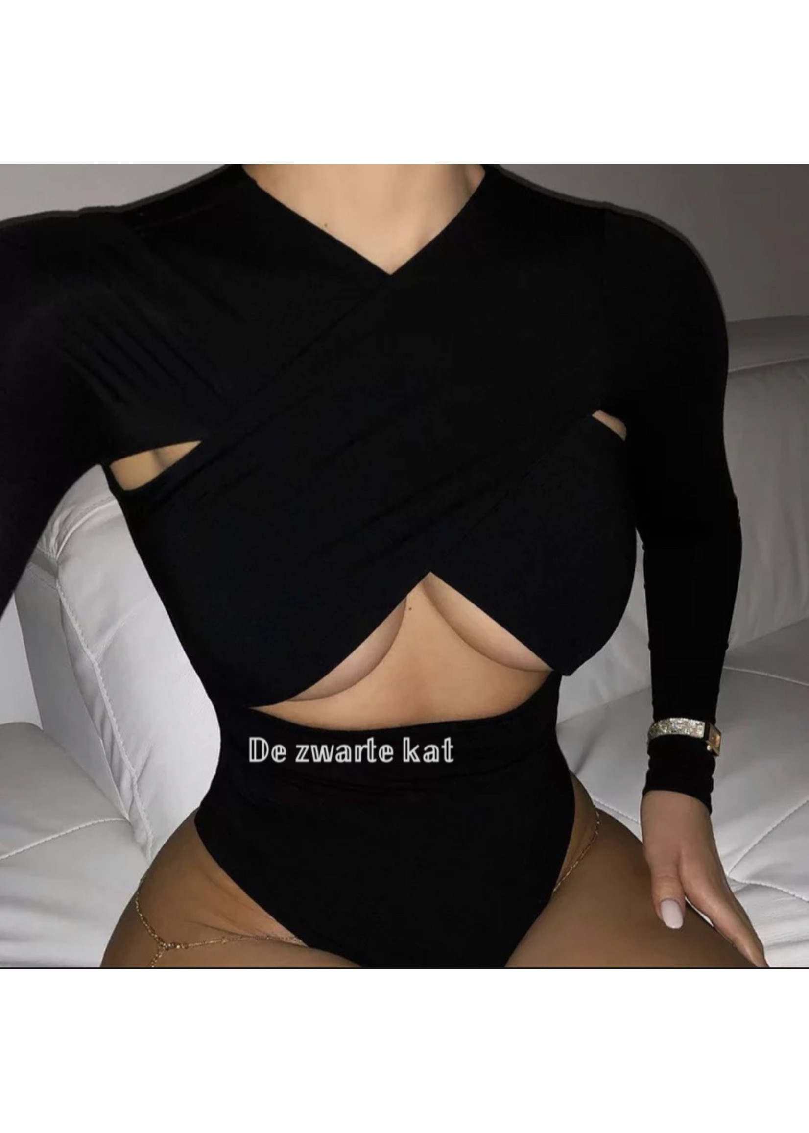 De zwarte kat Stijlvolle Top Kwaliteit Mode Dames Bandage Out Jumpsuit Lange Mouwen Effen Kleur Vrouwen Bodysuit Jumpsuit