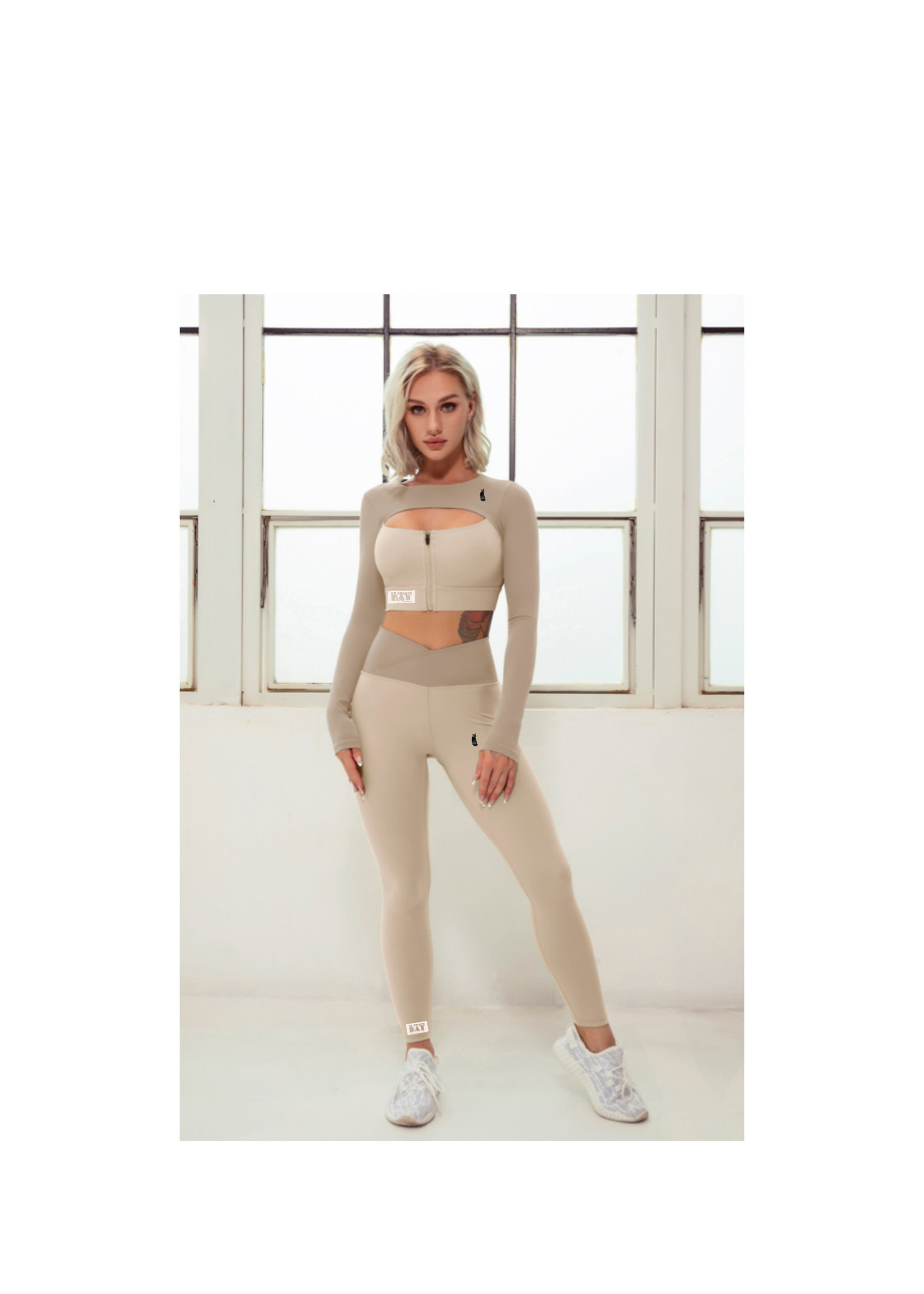 De zwarte kat Vrouwelijke Rits Gym Dragen Activewear Set Sportbeha En Yoga Leggings Sets Fitness Vrouwen
