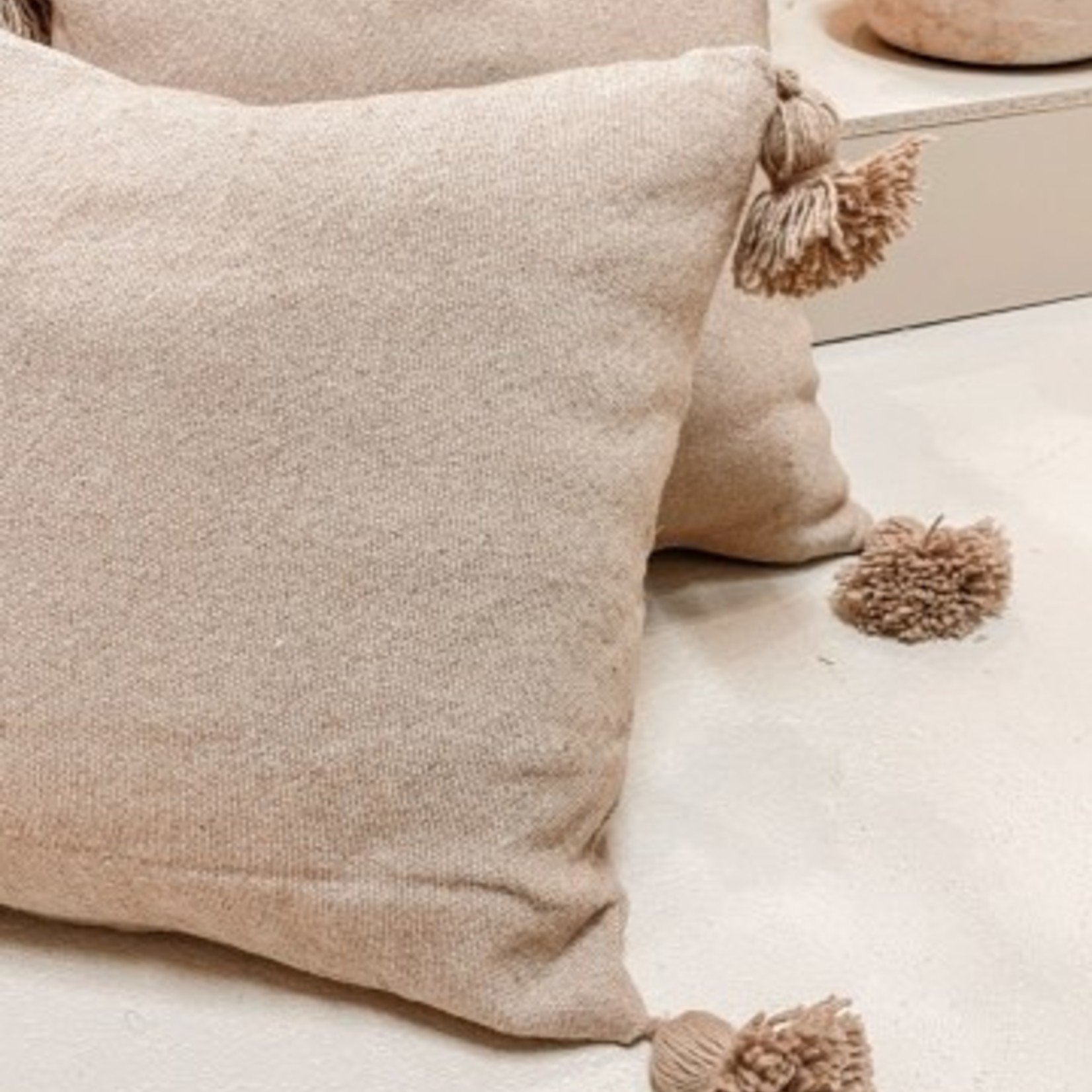 Pompom kussenhoes camel rechthoek