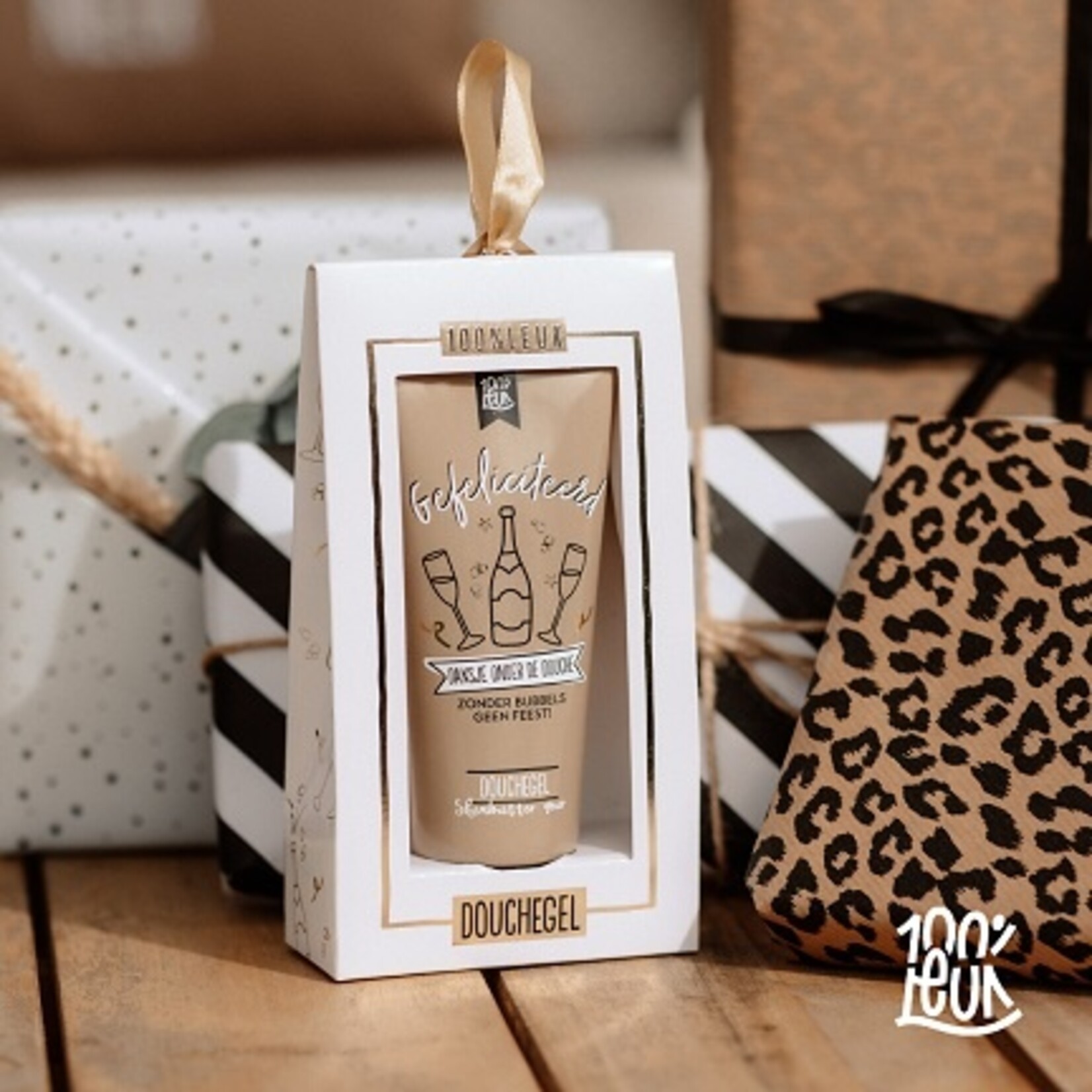 Totale leegverkoop van 100%LEUK Douchegel Gefeliciteerd  in kadoverpakking