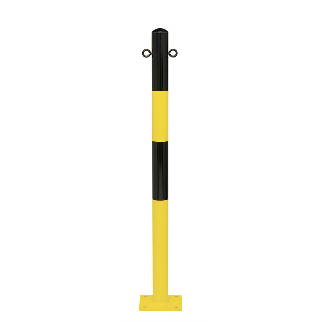 MORION vaste afzetpaal Ø 60 mm - op voetplaat - 2 kettingogen - verzinkt en geel/zwart gelakt