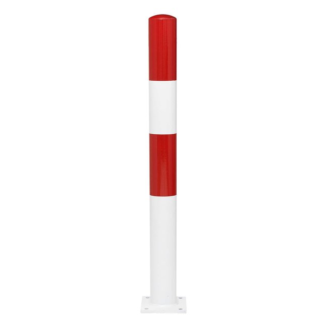 MORION vaste afzetpaal Ø 90 mm - op voetplaat - 0 kettingogen - verzinkt en rood/wit gelakt