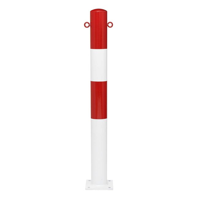 MORION vaste afzetpaal Ø 90 mm - op voetplaat - 2 kettingogen - verzinkt en rood/wit gelakt