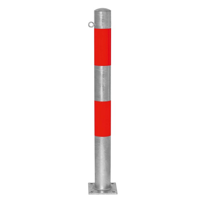 MORION vaste afzetpaal Ø 90 mm - op voetplaat - 1 kettingoog - verzinkt met rode reflecterende banden