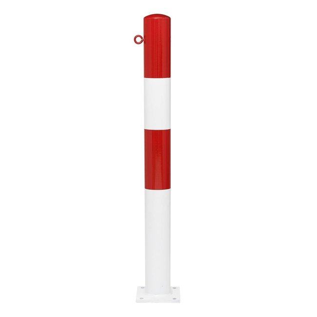 MORION vaste afzetpaal Ø 90 mm - op voetplaat - 1 kettingoog - rood/wit gepoedercoat