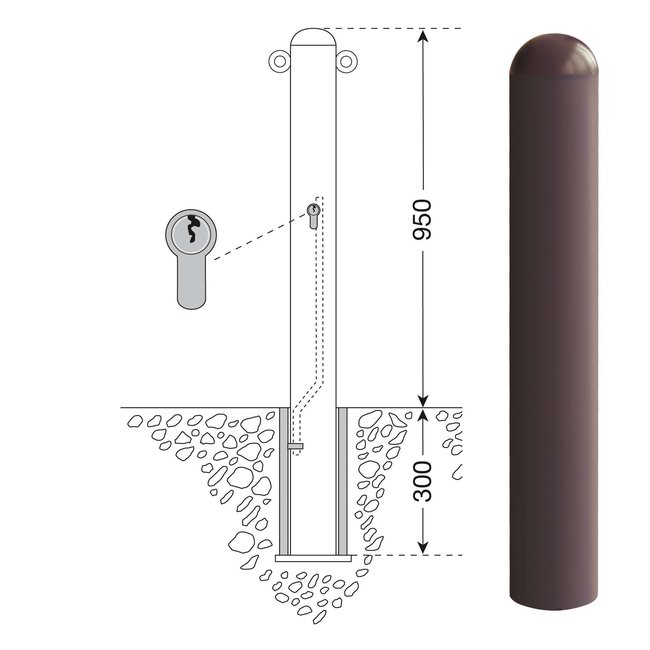 CITY paal WIEN - 1250 x Ø 90 mm - uitneembaar - cilinderslot - 2 kettingogen