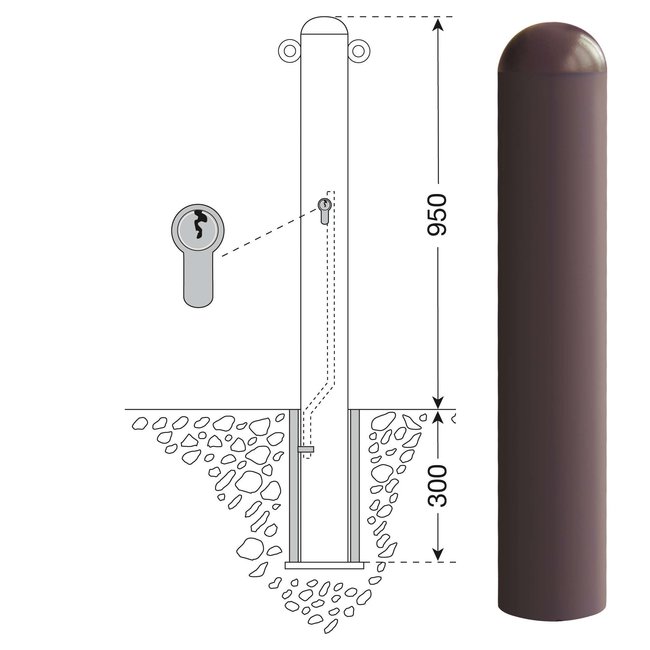 CITY paal WIEN - 1250 x Ø 108 mm - uitneembaar - cilinderslot - 2 kettingogen