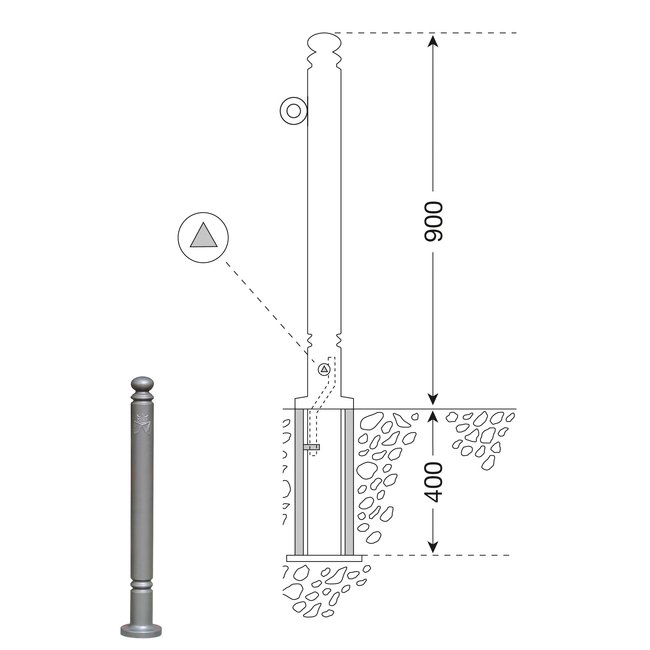 paal FLORENZ - 1200 X Ø 80 mm - uitneembaar - ▲ slot - één kettingoog