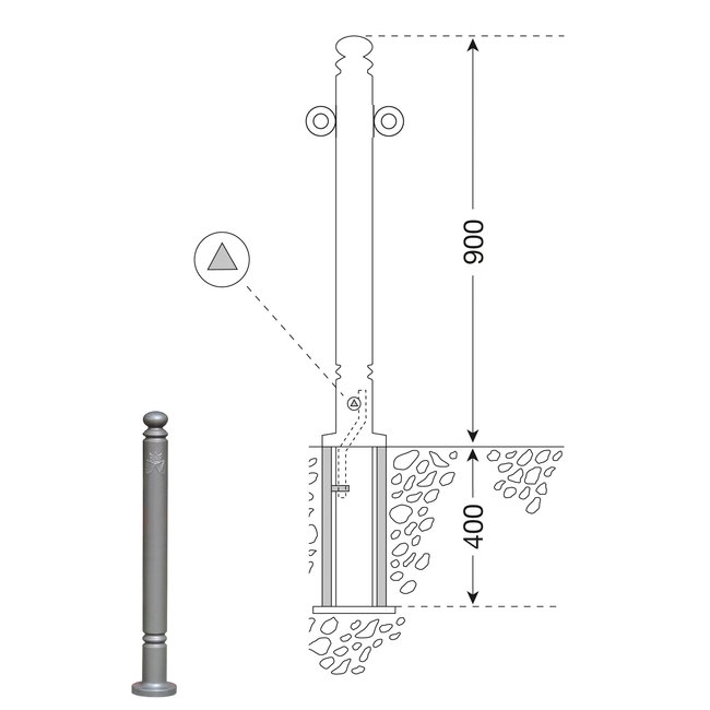 CITY paal FLORENZ - 1200 X Ø 80 mm - uitneembaar - ▲ slot - twee kettingogen