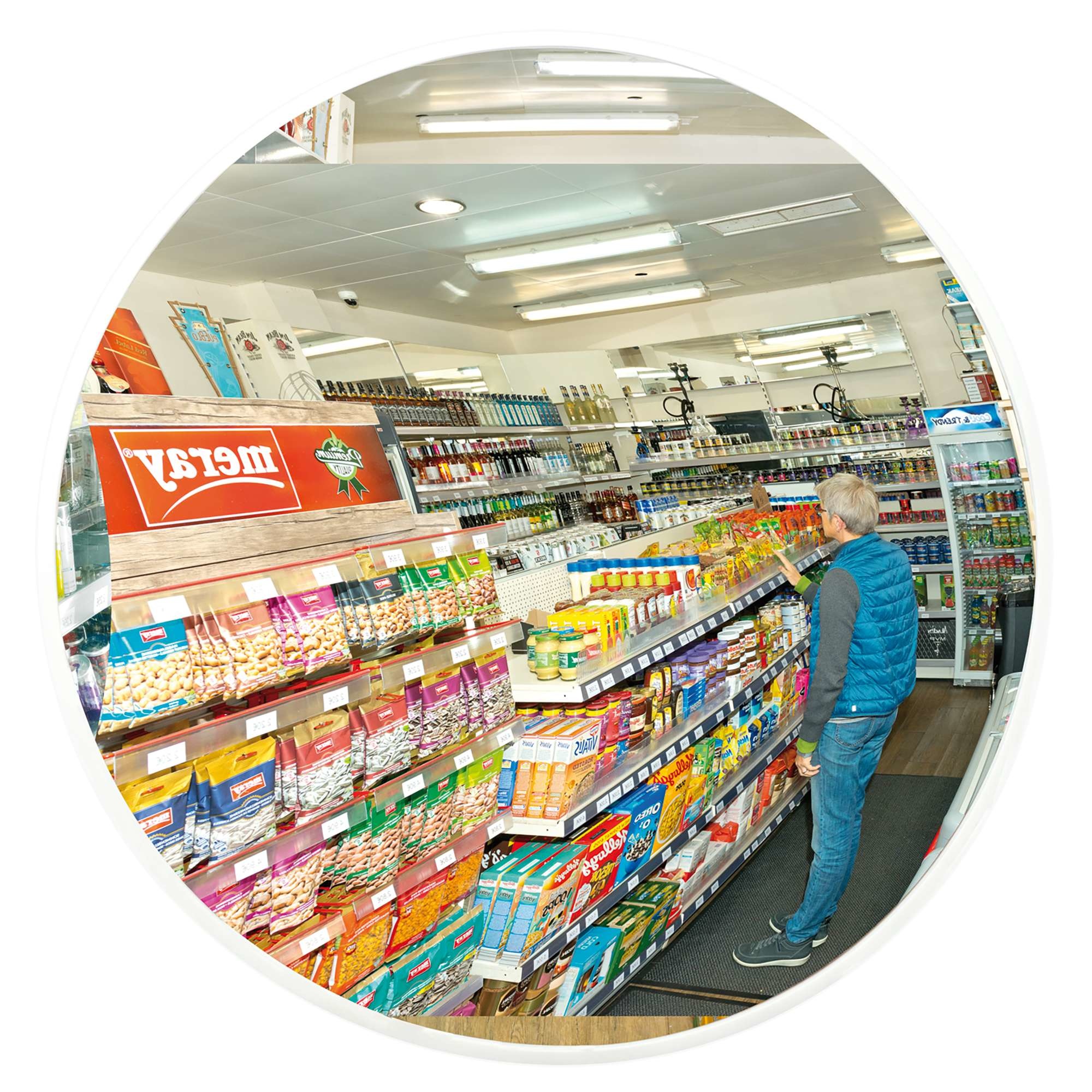Panoramaspiegel 180 graden zicht op gangpaden in magazijn en winkel