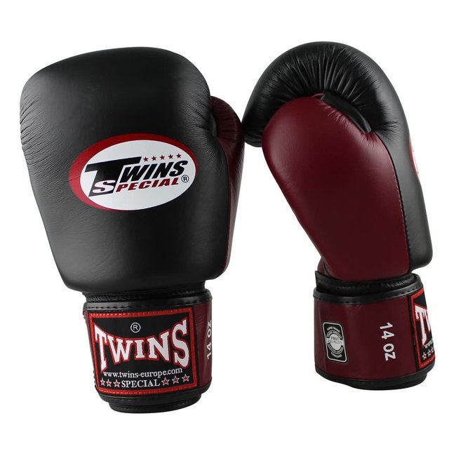 Twins Special BGVL 3 Leren Bokshandschoenen – Zwart/Wine Red – 10oz, 12oz, 14oz en 16oz