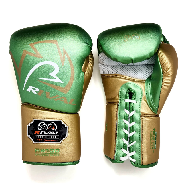 Rival Boxing Gear RS100 Professional Sparring Bokshandschoenen – Groen/Goud – 14oz en 16oz