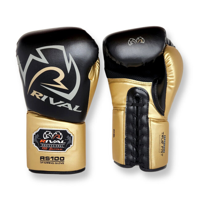 Rival Boxing Gear RS100 Professional Sparring Bokshandschoenen – Zwart/Goud – 14oz, 16oz en 18oz