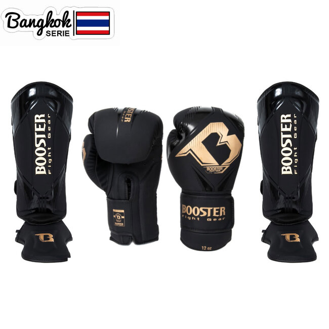 Booster Fightgear Booster Bangkok Fightset – Bokshandschoenen + Scheenbeschermers – Black/Gold