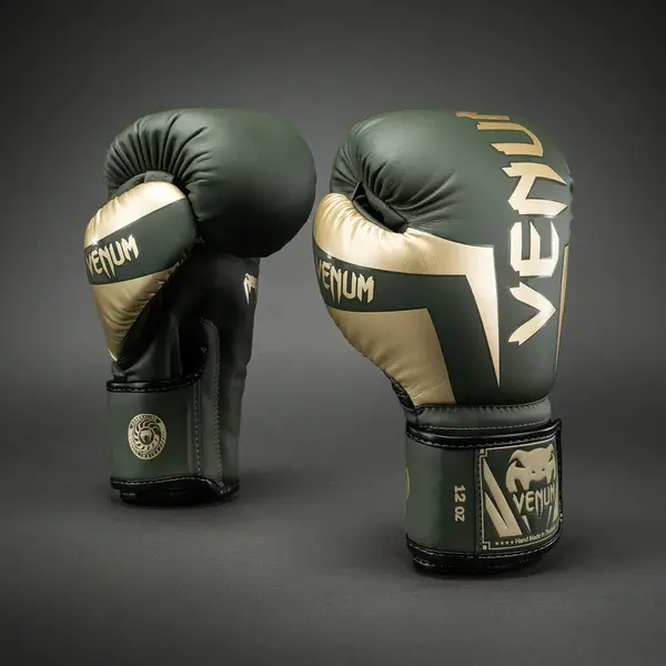 Venum Elite gants de boxe – kaki/or – Skintex cuir – entraînement & Sparring