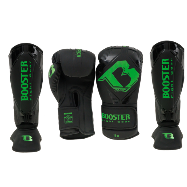 Booster Fightgear Booster Bangkok Fightset – Black/Green – Kunstleer – Bokshandschoenen & Scheenbeschermers