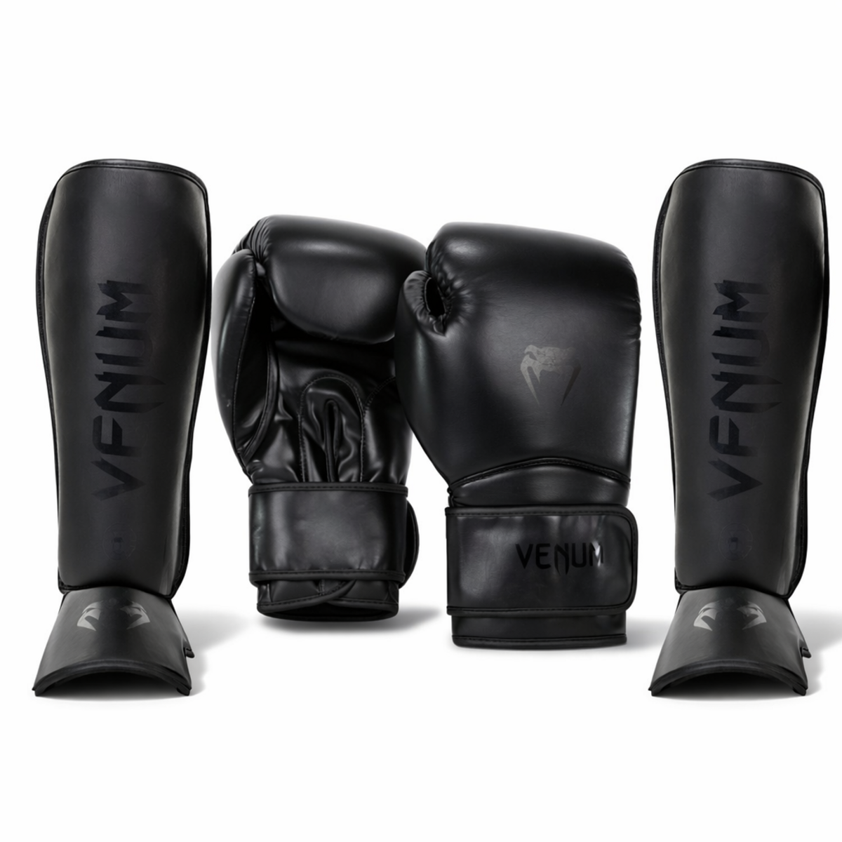 Venum Pack de combat noir – gants de boxe & protège-tibias – noir sur noir