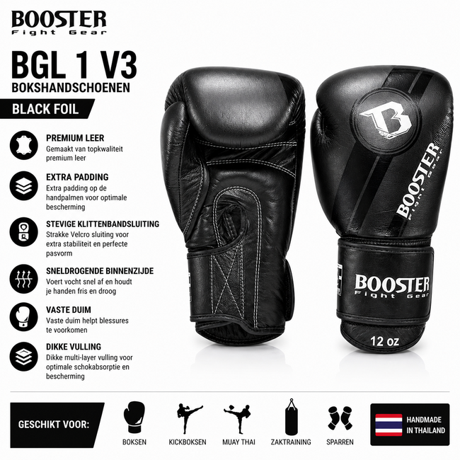 Booster Fightgear BGL 1 V3 Leren Bokshandschoenen – Black Foil – 10oz, 12oz, 14oz en 16oz