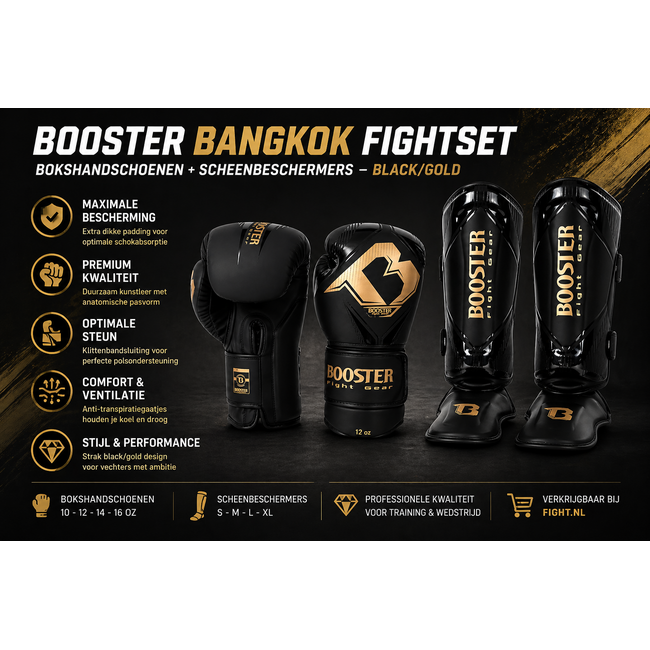 Booster Fightgear Bangkok Fightset – Bokshandschoenen + Scheenbeschermers – Black/Gold