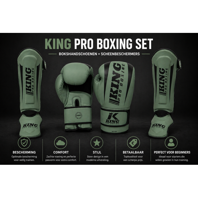 King Pro Boxing King Pro Boxing REVO 5 Kickboksset – Bokshandschoenen en Scheenbeschermers – Military Green