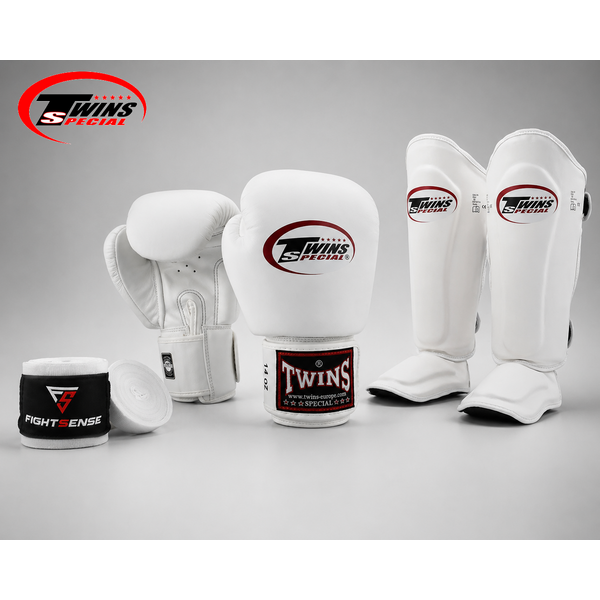 Twins Special Pack de combat blanc gants de boxe protège-tibias bandes de boxe