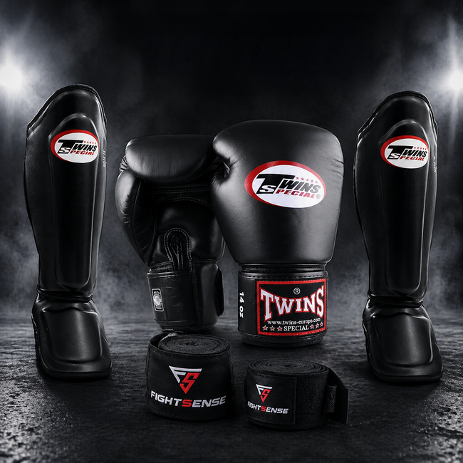 Twins Special Twins Fightset – Bokshandschoenen & Scheenbeschermers – Zwart – Inclusief FightSense Bandage