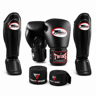 Twins Special Fightset – Bokshandschoenen & Scheenbeschermers – Zwart – Inclusief FightSense Bandage