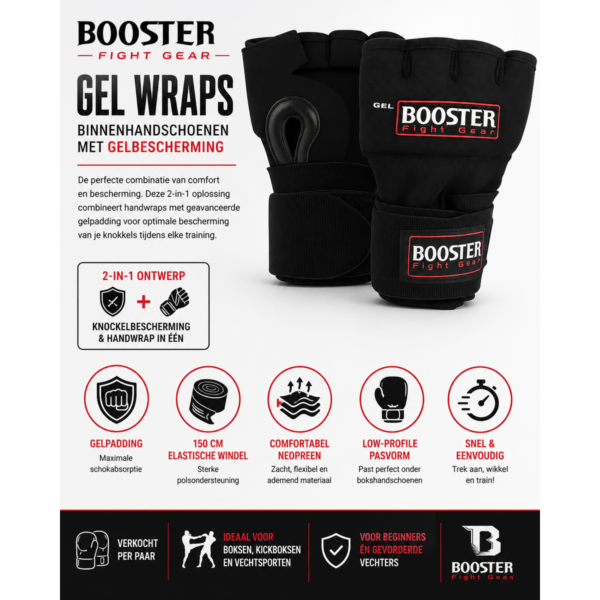 Booster Fightgear Sous-gants – Gelwraps pour boxe & kick-boxing – Extra Polsondersteuning & protection