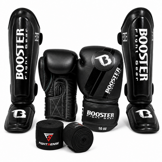 Booster V3 Fightset Zwart - Bokshandschoenen ,Scheenbeschermers +Bandages